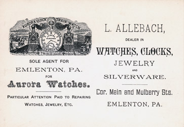 Aurora Watches - L. Allenbach, Emlenton, PA. Postcard Advertisement