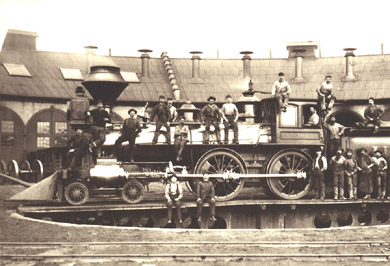 Railroad workers pose with UP Locomotive No. 10