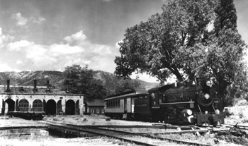 Locomotive No. 5 switches Combine No. 20, Carson City, c. 1947