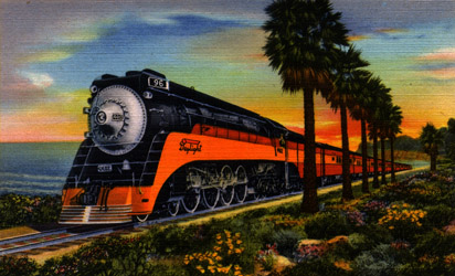 Southern Pacific 4412 leads Daylight Passenger train along California coast, vintage postcard view